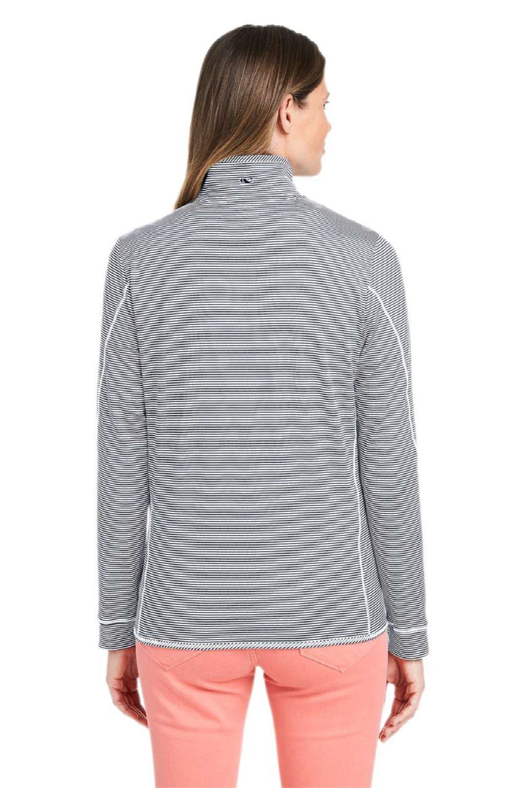 Vineyard Vines K002521 Womens Microstripe Sankaty 1/4 Zip Sweatshirt Heather Grey Model Back