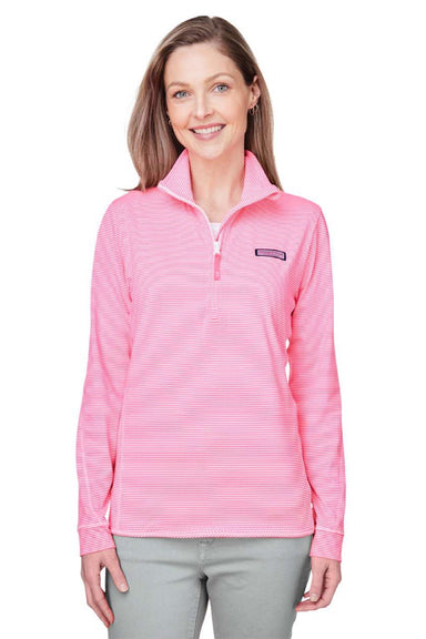 Vineyard Vines K002521 Womens Microstripe Sankaty 1/4 Zip Sweatshirt Knockout Pink Model Front