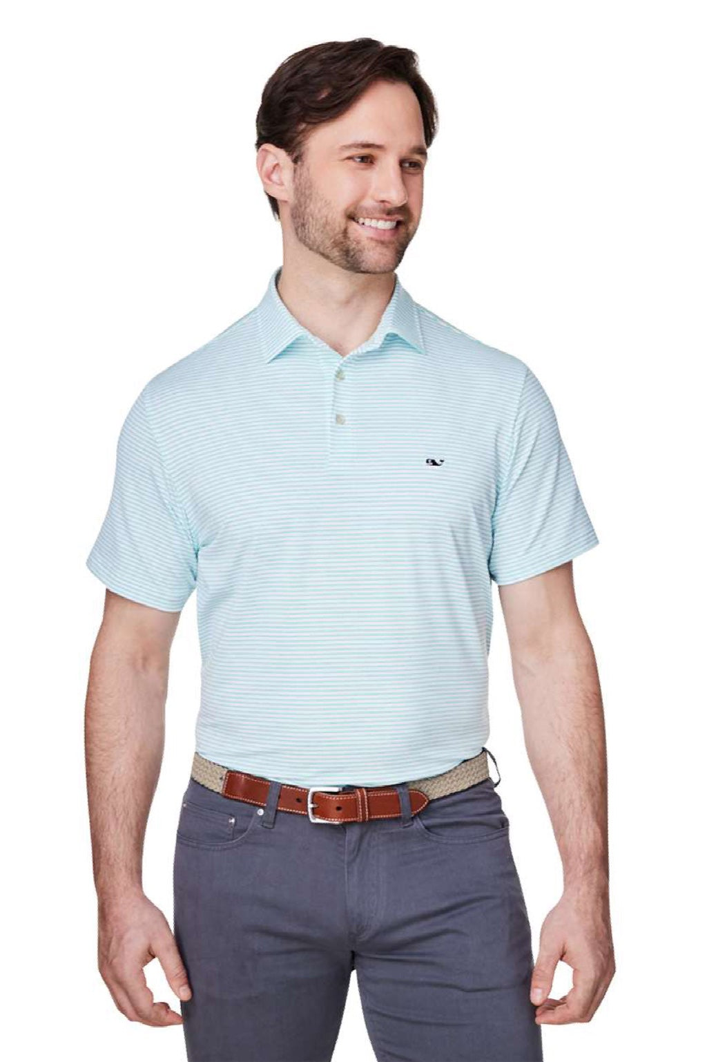Vineyard Vines G012426 Mens Bradley Stripe Sankaty Short Sleeve Polo Shirt Andros Blue Tejada Model Front