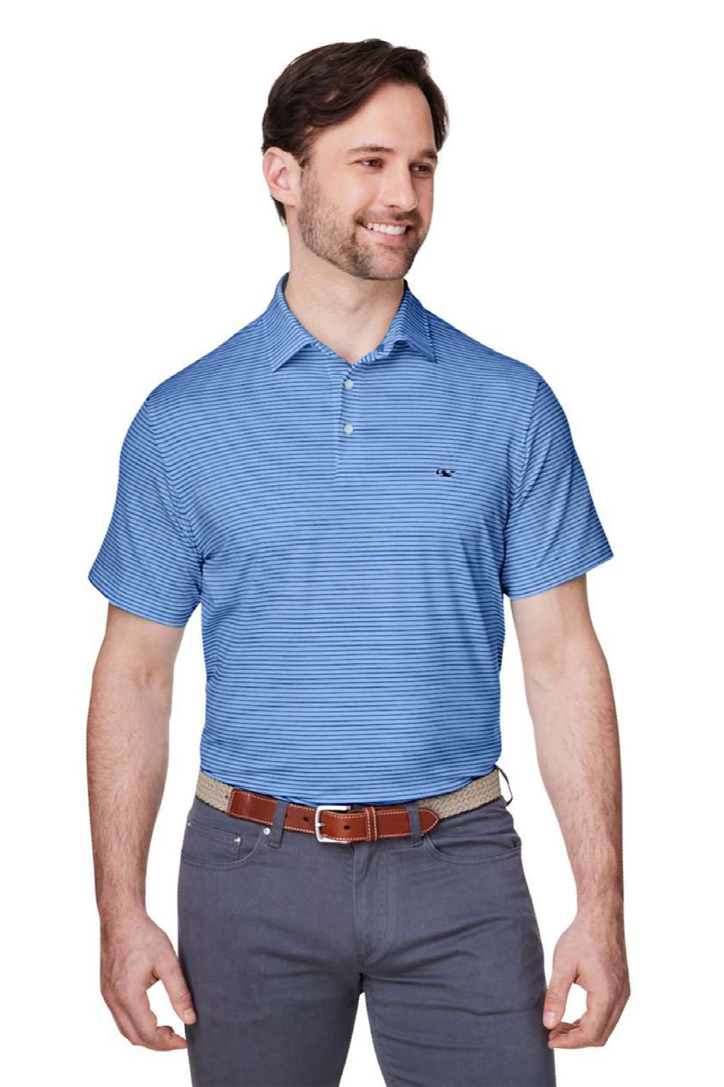 Vineyard Vines G012426 Mens Bradley Stripe Sankaty Short Sleeve Polo Shirt Maui Blue Model Front