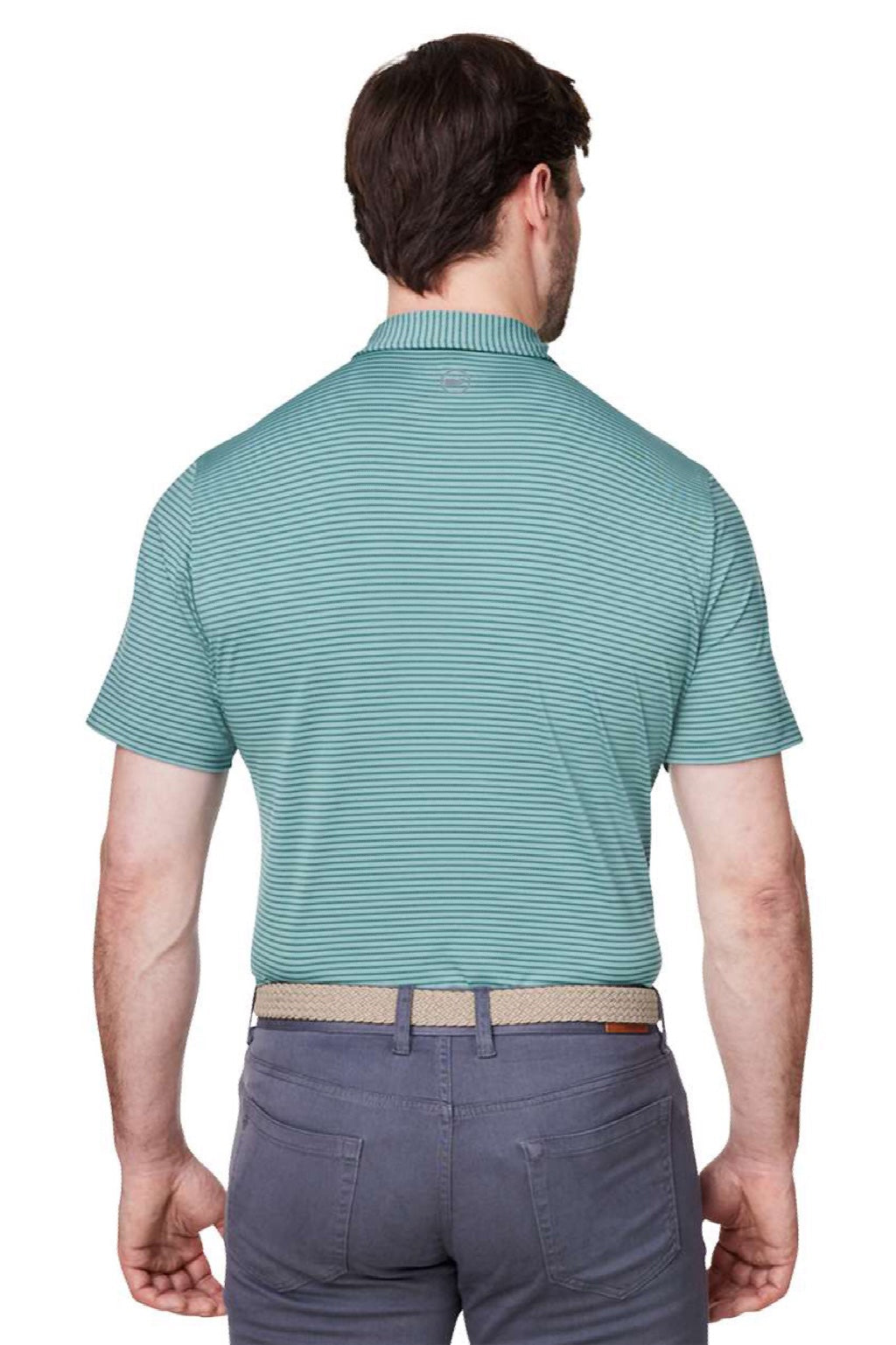 Vineyard Vines G012426 Mens Bradley Stripe Sankaty Short Sleeve Polo Shirt Sea Clay Green Model Back