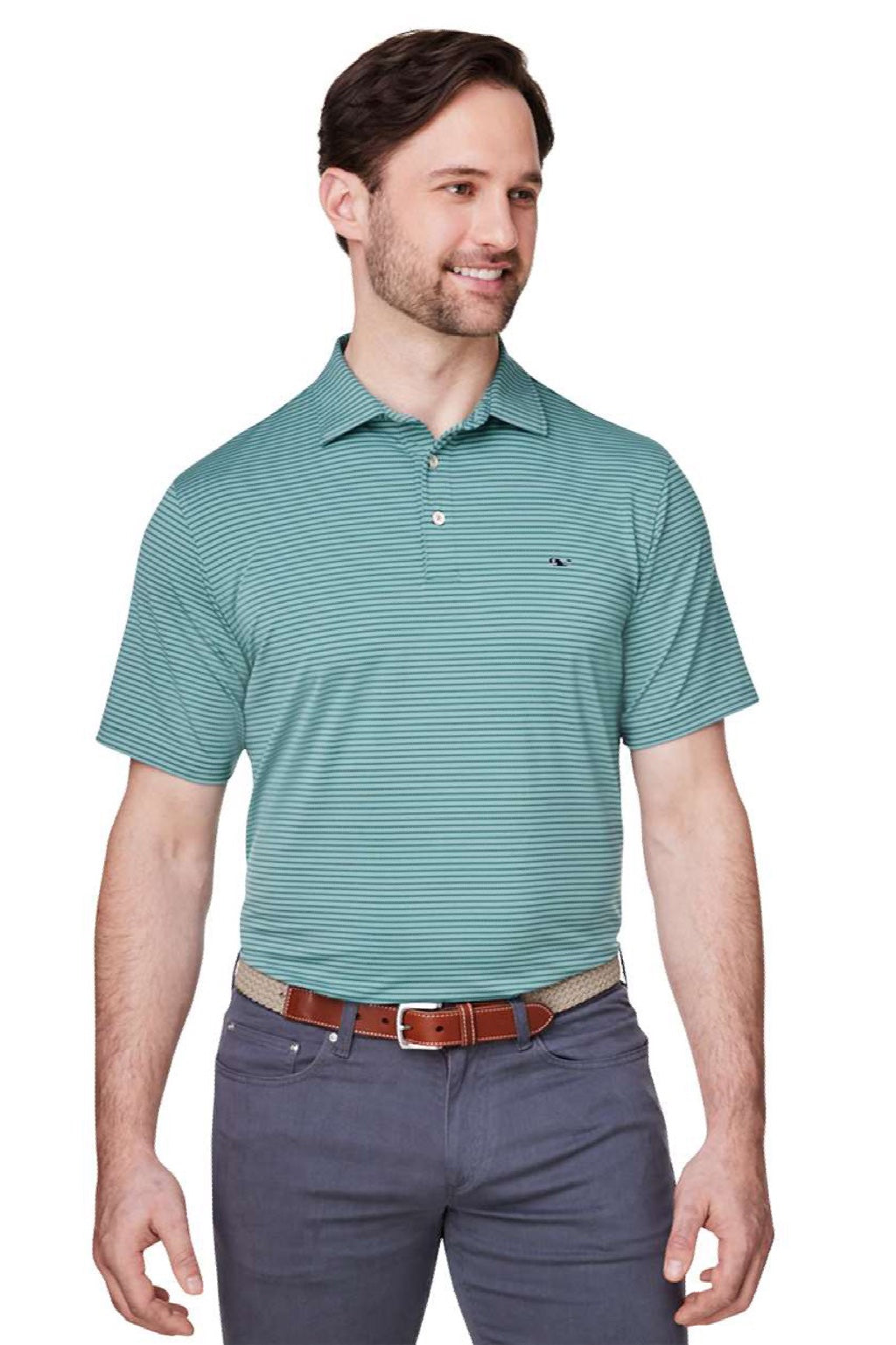 Vineyard Vines G012426 Mens Bradley Stripe Sankaty Short Sleeve Polo Shirt Sea Clay Green Model Front