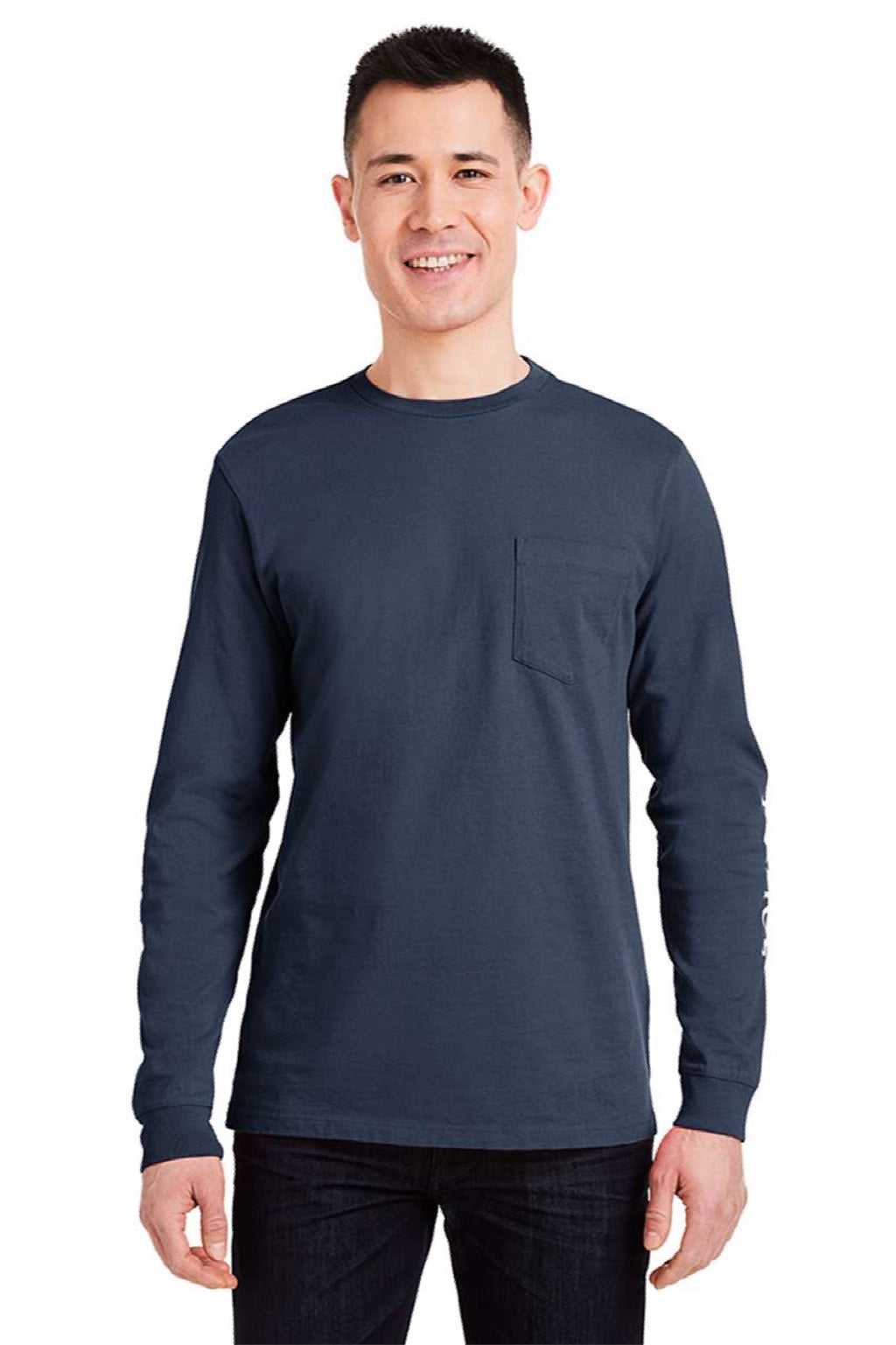 Vineyard Vines V021214 Mens Long Sleeve Crewneck T-Shirt w/ Pocket Navy Blue Blazer/White Cap Model Front