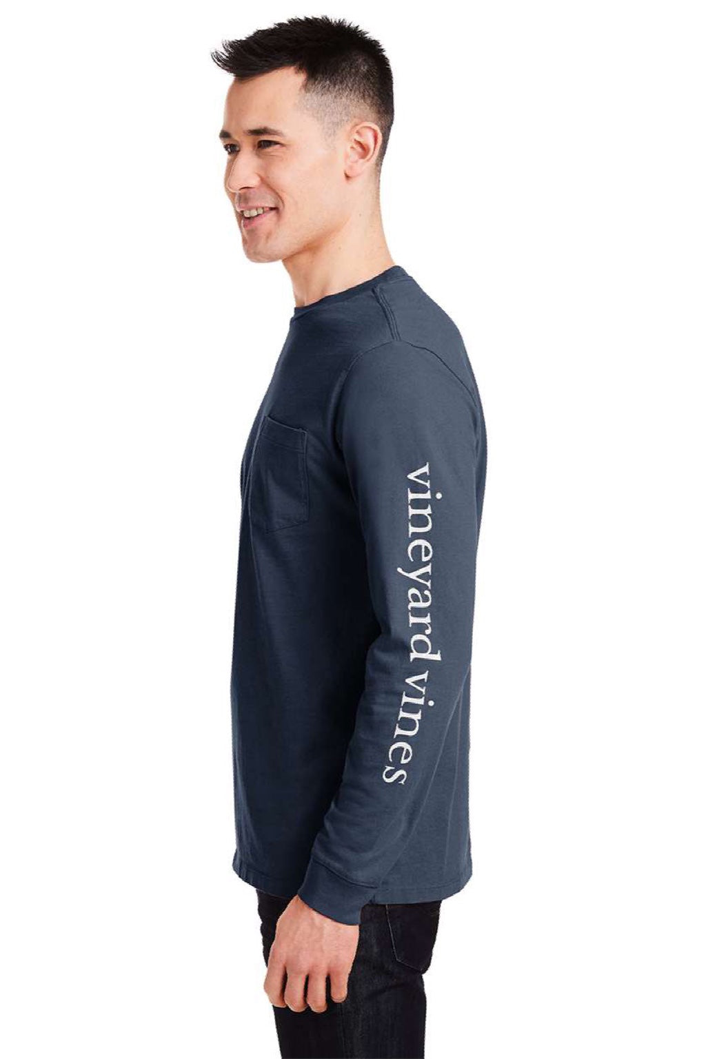 Vineyard Vines V021214 Mens Long Sleeve Crewneck T-Shirt w/ Pocket Navy Blue Blazer/White Cap Model Side