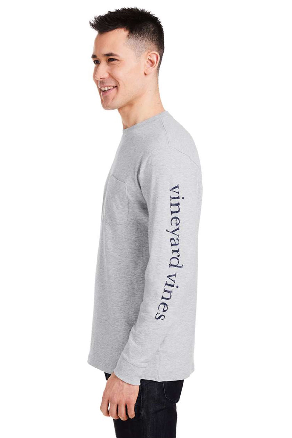 Vineyard Vines V021214 Mens Long Sleeve Crewneck T-Shirt w/ Pocket Heather Grey Model Side