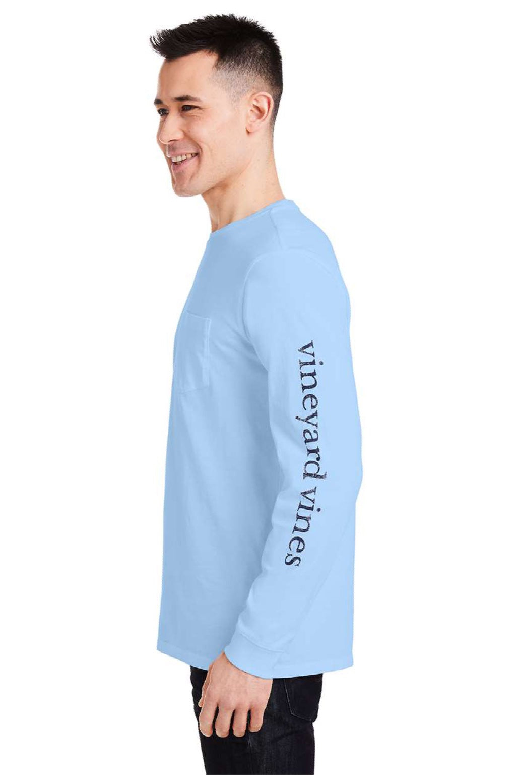 Vineyard Vines V021214 Mens Long Sleeve Crewneck T-Shirt w/ Pocket Jet Black Model Side