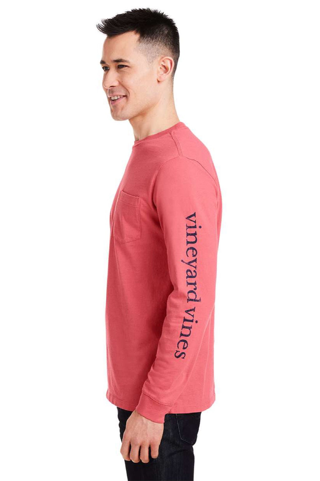 Vineyard Vines V021214 Mens Long Sleeve Crewneck T-Shirt w/ Pocket Jetty Red Model Side