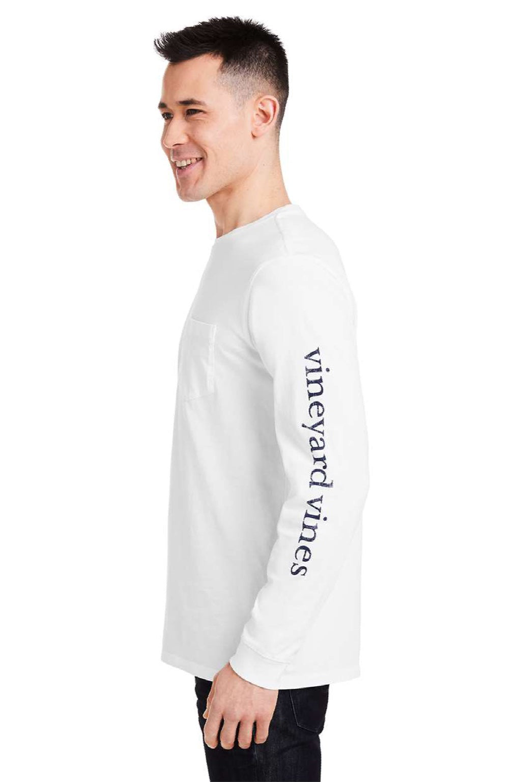 Vineyard Vines V021214 Mens Long Sleeve Crewneck T-Shirt w/ Pocket White Cap Model Side