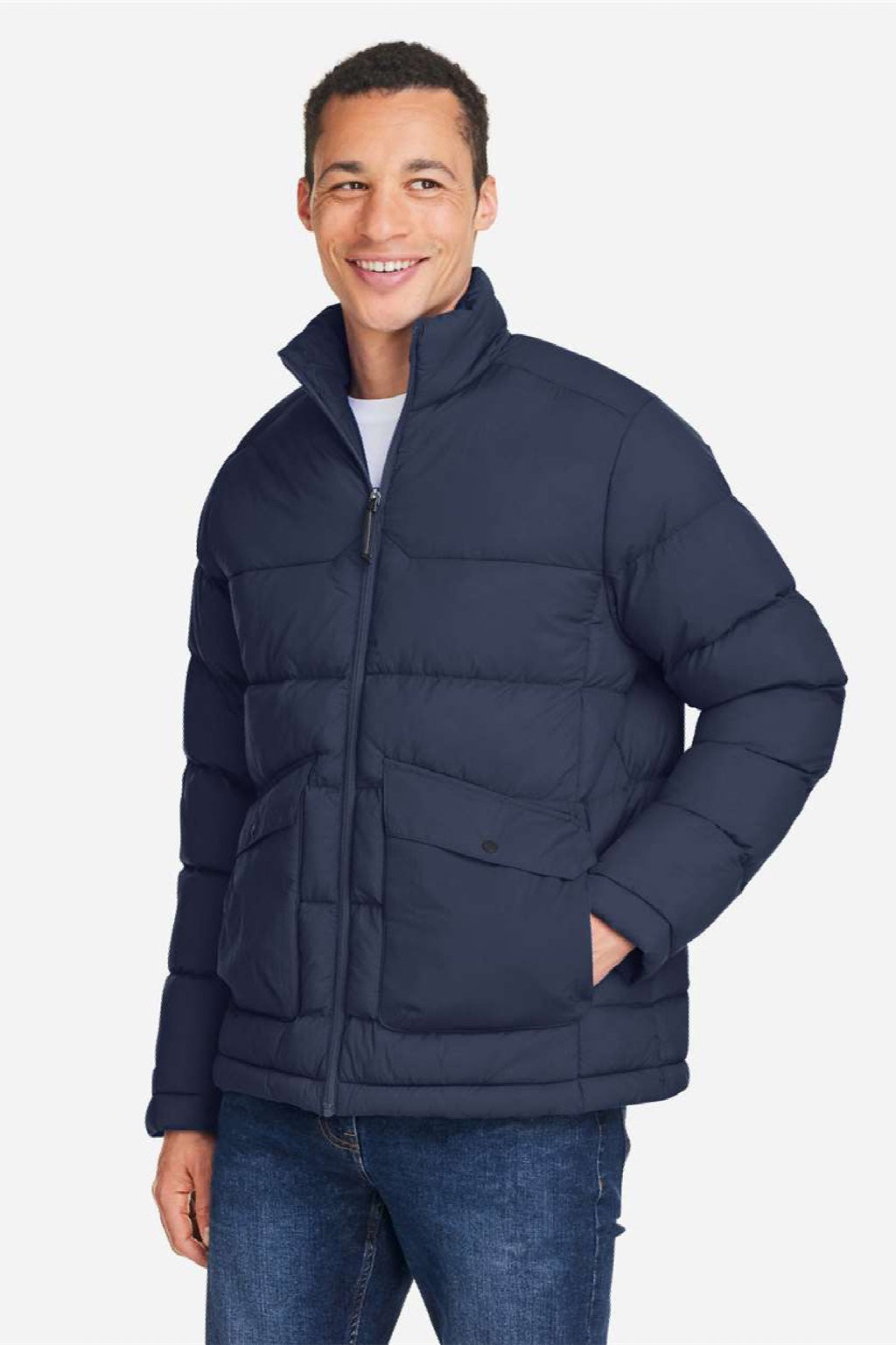 Core 365 CE720 Mens Inspire Full Zip Puffer Jacket Classic Navy Blue Model Side