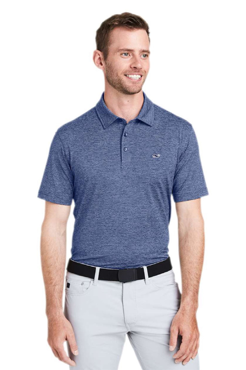 Vineyard Vines G011146 Mens Destin Stripe Sankaty Short Sleeve Polo Shirt Depth Blue Model Front