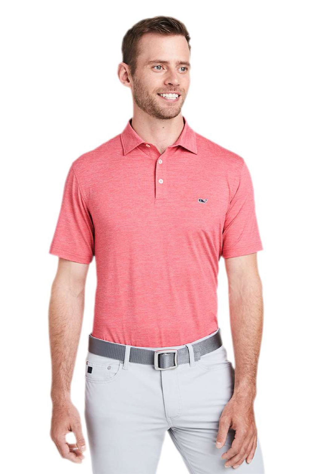 Vineyard Vines G011146 Mens Destin Stripe Sankaty Short Sleeve Polo Shirt Lobster Reef Pink Model Front