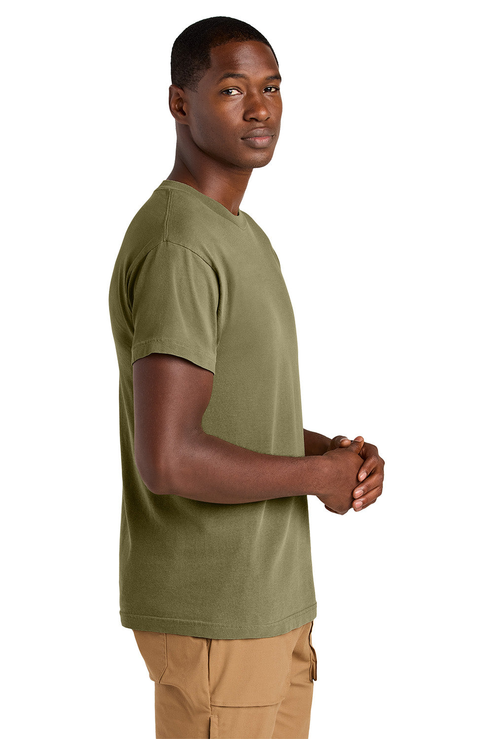 American Apparel 1301GD Mens Garment Dyed Short Sleeve Crewneck T-Shirt Faded Army Green Model Side
