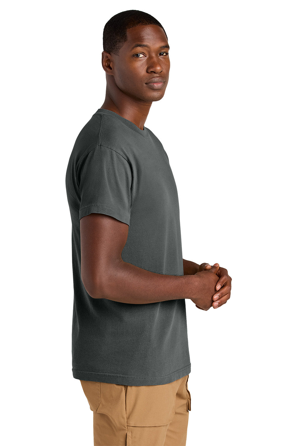 American Apparel 1301GD Mens Garment Dyed Short Sleeve Crewneck T-Shirt Faded Black Model Side