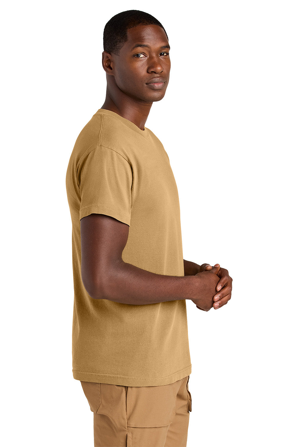 American Apparel 1301GD Mens Garment Dyed Short Sleeve Crewneck T-Shirt Faded Mustard Model Side