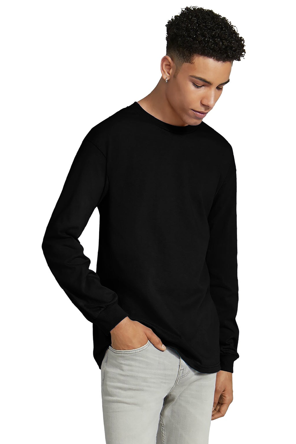 American Apparel 1304 Mens Long Sleeve Crewneck T-Shirt Black Model Front