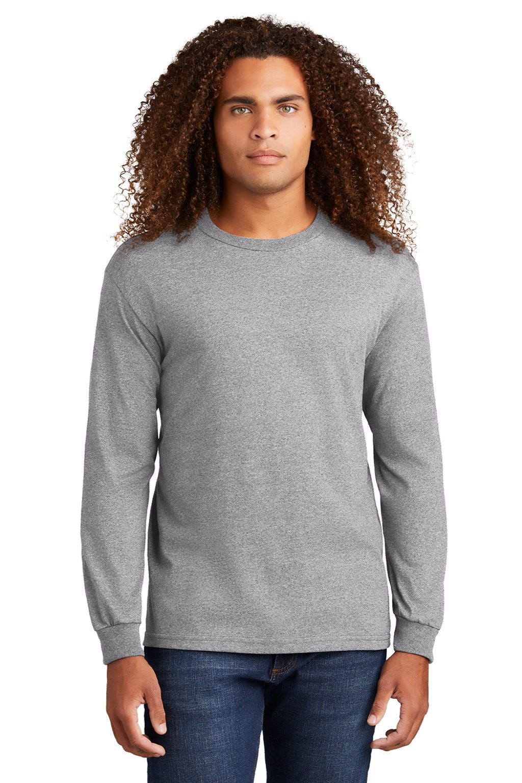 American Apparel 1304 Mens Long Sleeve Crewneck T-Shirt Heather Grey Model Front