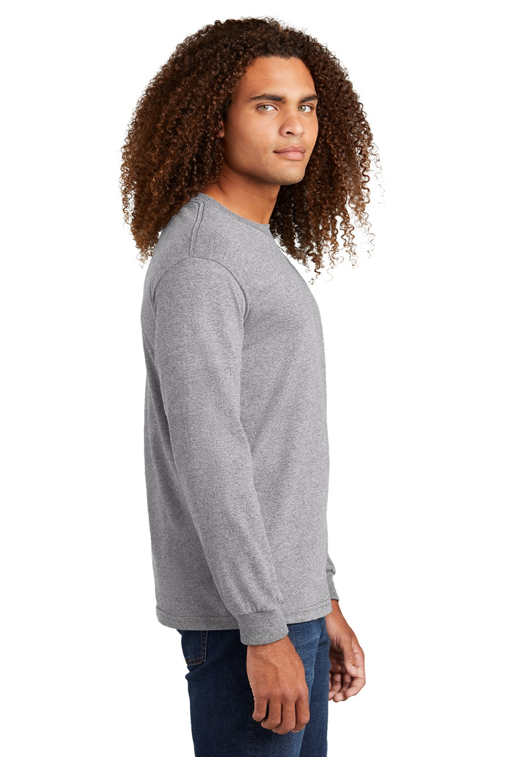 American Apparel 1304 Mens Long Sleeve Crewneck T-Shirt Heather Grey Model Side