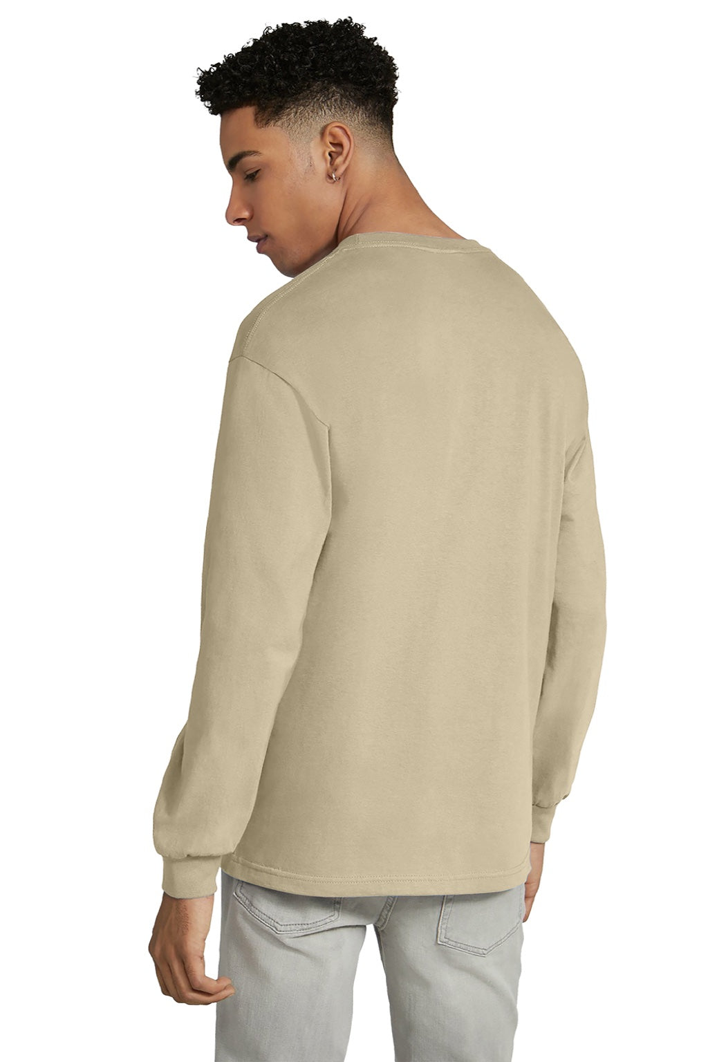 American Apparel 1304 Mens Long Sleeve Crewneck T-Shirt Sand Brown Model Back