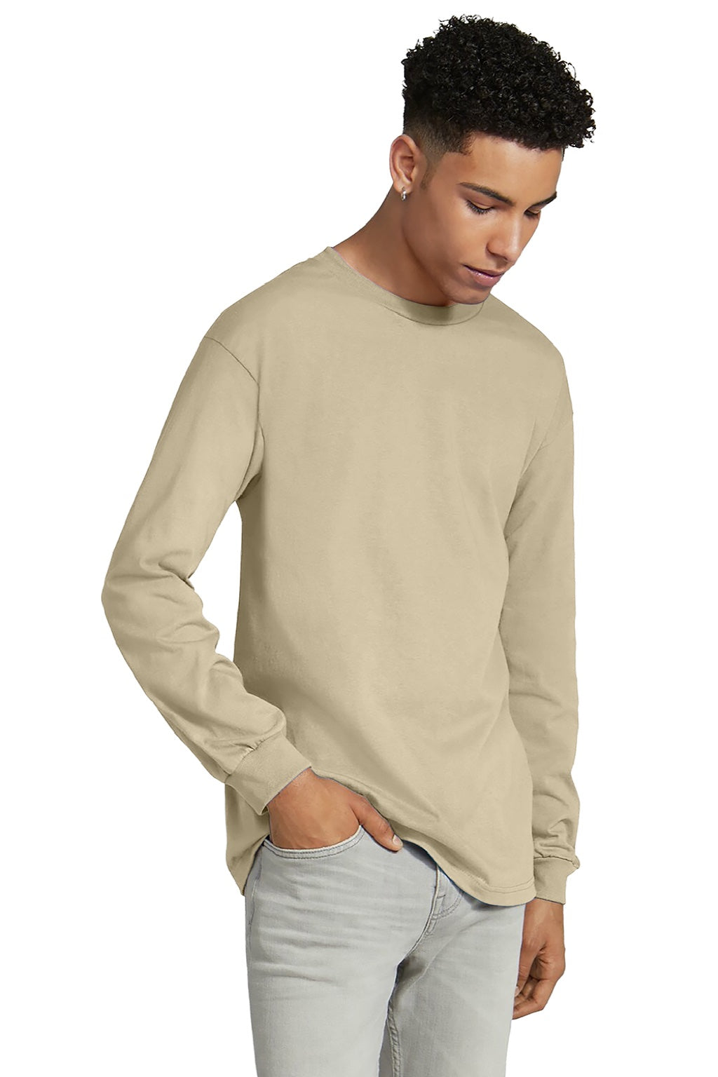 American Apparel 1304 Mens Long Sleeve Crewneck T-Shirt Sand Brown Model Front
