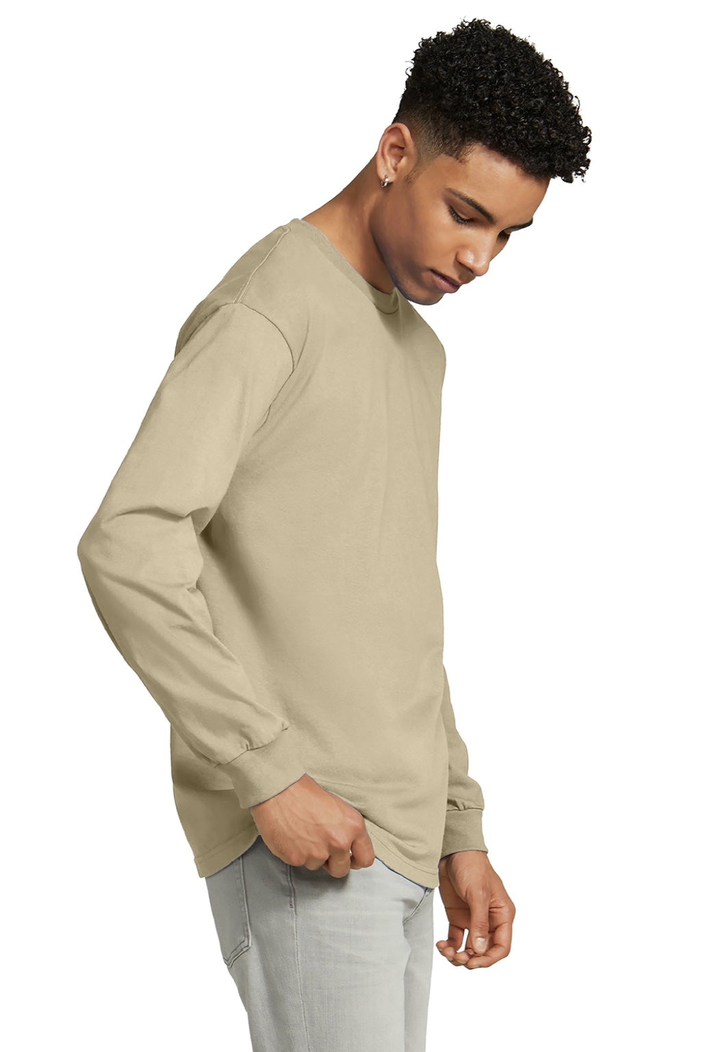 American Apparel 1304 Mens Long Sleeve Crewneck T-Shirt Sand Brown Model Side