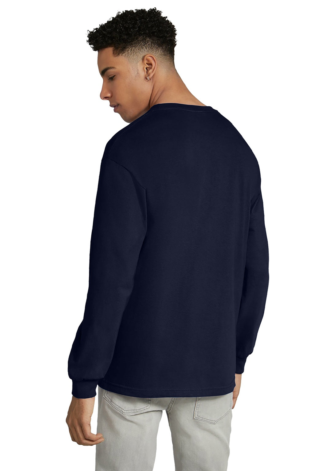 American Apparel 1304 Mens Long Sleeve Crewneck T-Shirt Navy Blue Model Back