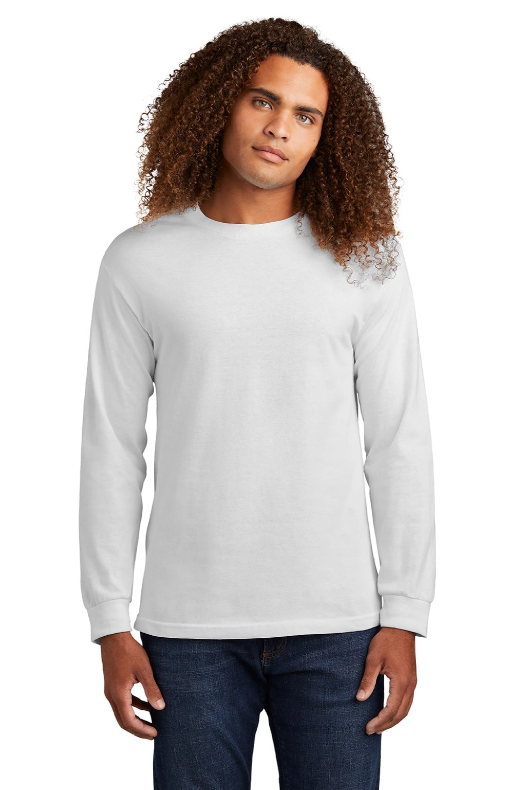 American Apparel 1304 Mens Long Sleeve Crewneck T-Shirt White Model Front