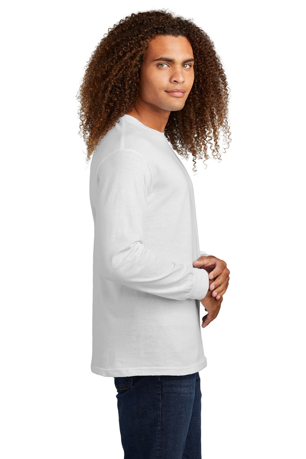 American Apparel 1304 Mens Long Sleeve Crewneck T-Shirt White Model Side