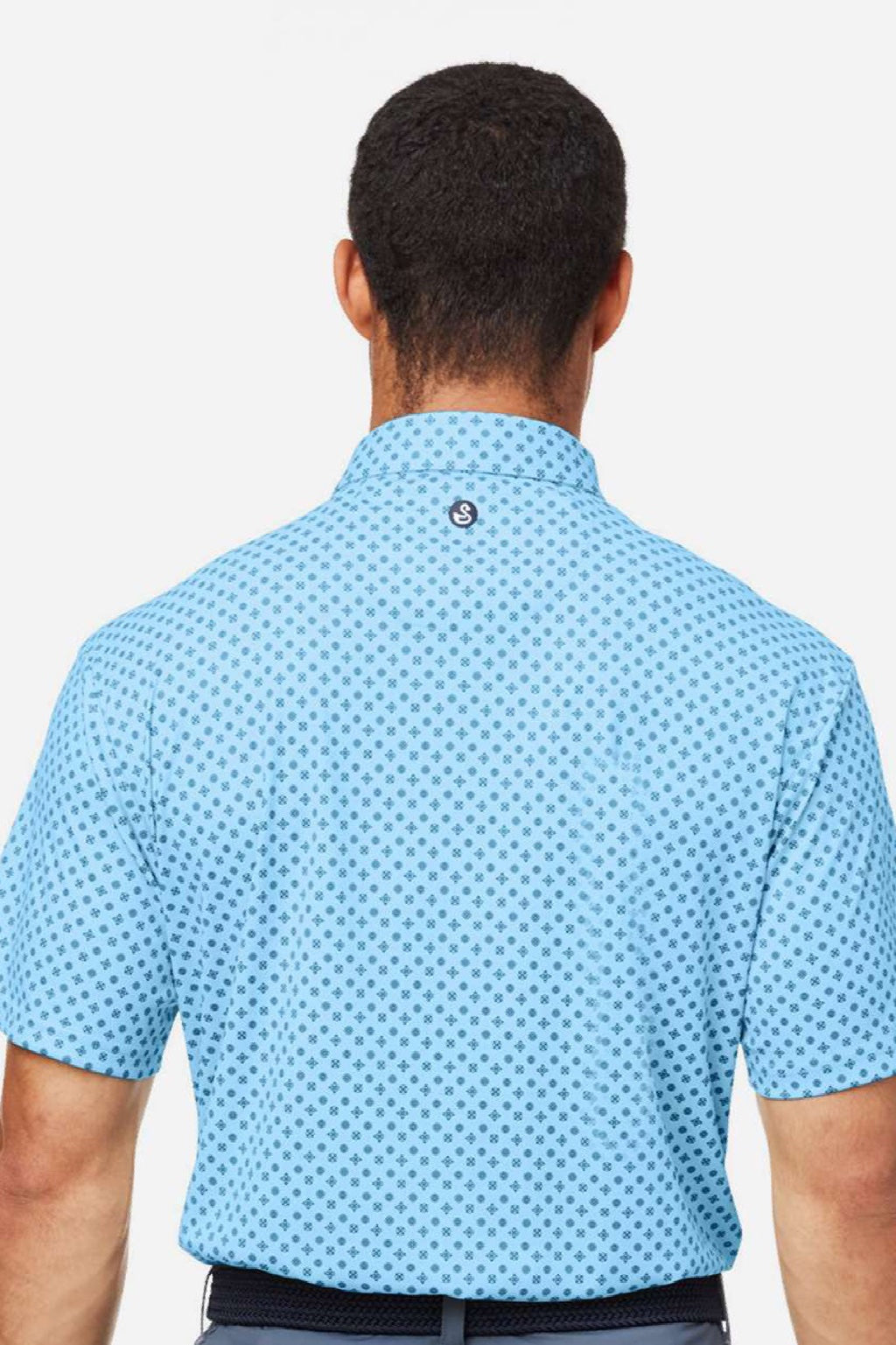 Swannies Golf SW5400 Mens Hazelwood Short Sleeve Polo Shirt Sky Blue/Navy Blue Model Back