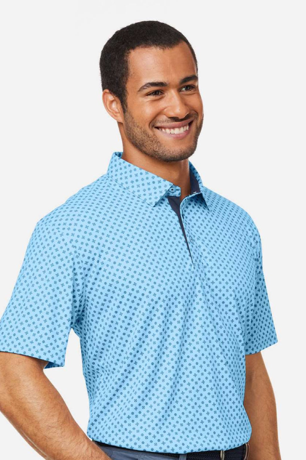 Swannies Golf SW5400 Mens Hazelwood Short Sleeve Polo Shirt Sky Blue/Navy Blue Model Side