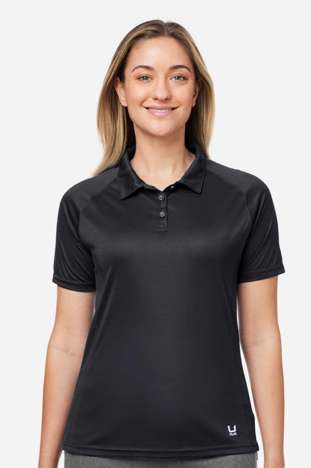 Huk H612L03 Womens LoPro Performance Short Sleeve Polo Shirt Black Model Front