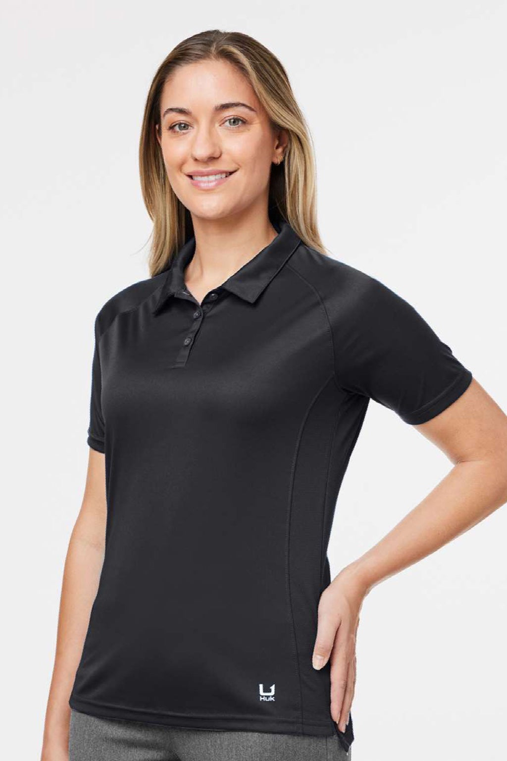 Huk H612L03 Womens LoPro Performance Short Sleeve Polo Shirt Black Model Side