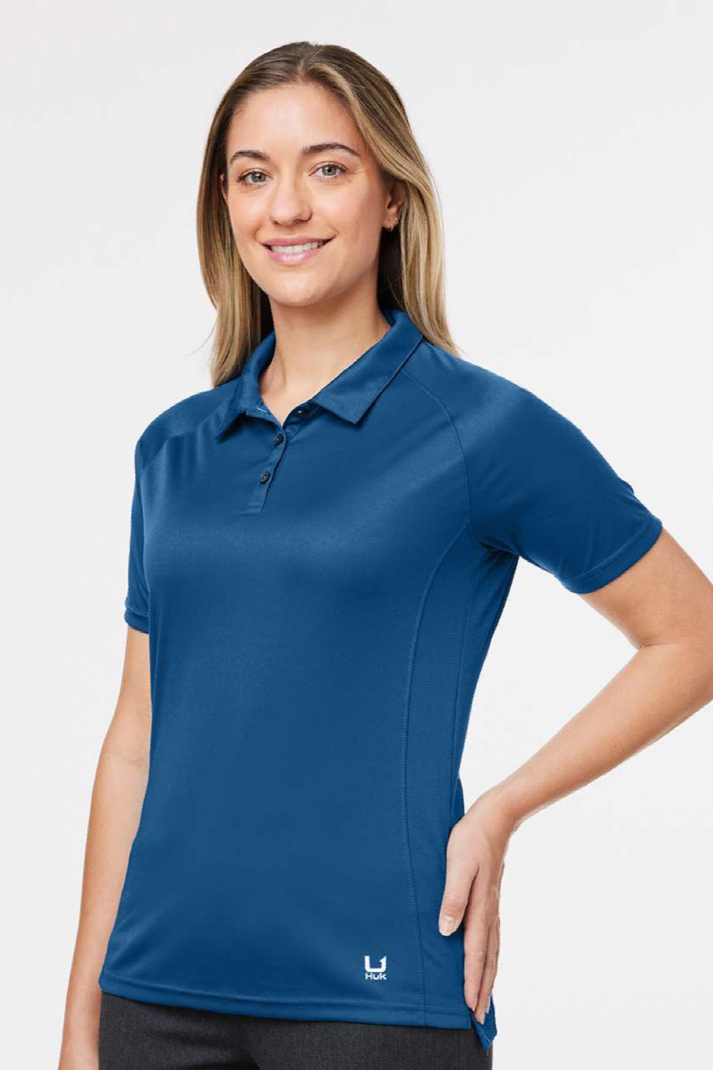 Huk H612L03 Womens LoPro Performance Short Sleeve Polo Shirt Set Sail Blue Model Side