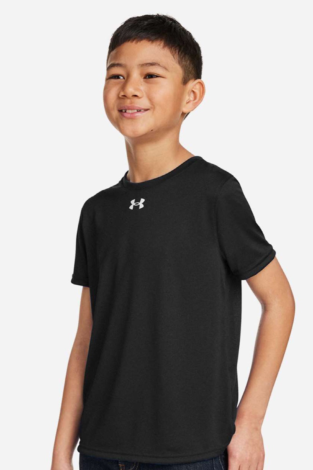 Under Armour 1377487 Youth Tech Team Short Sleeve Crewneck T-Shirt Black/White Model Side
