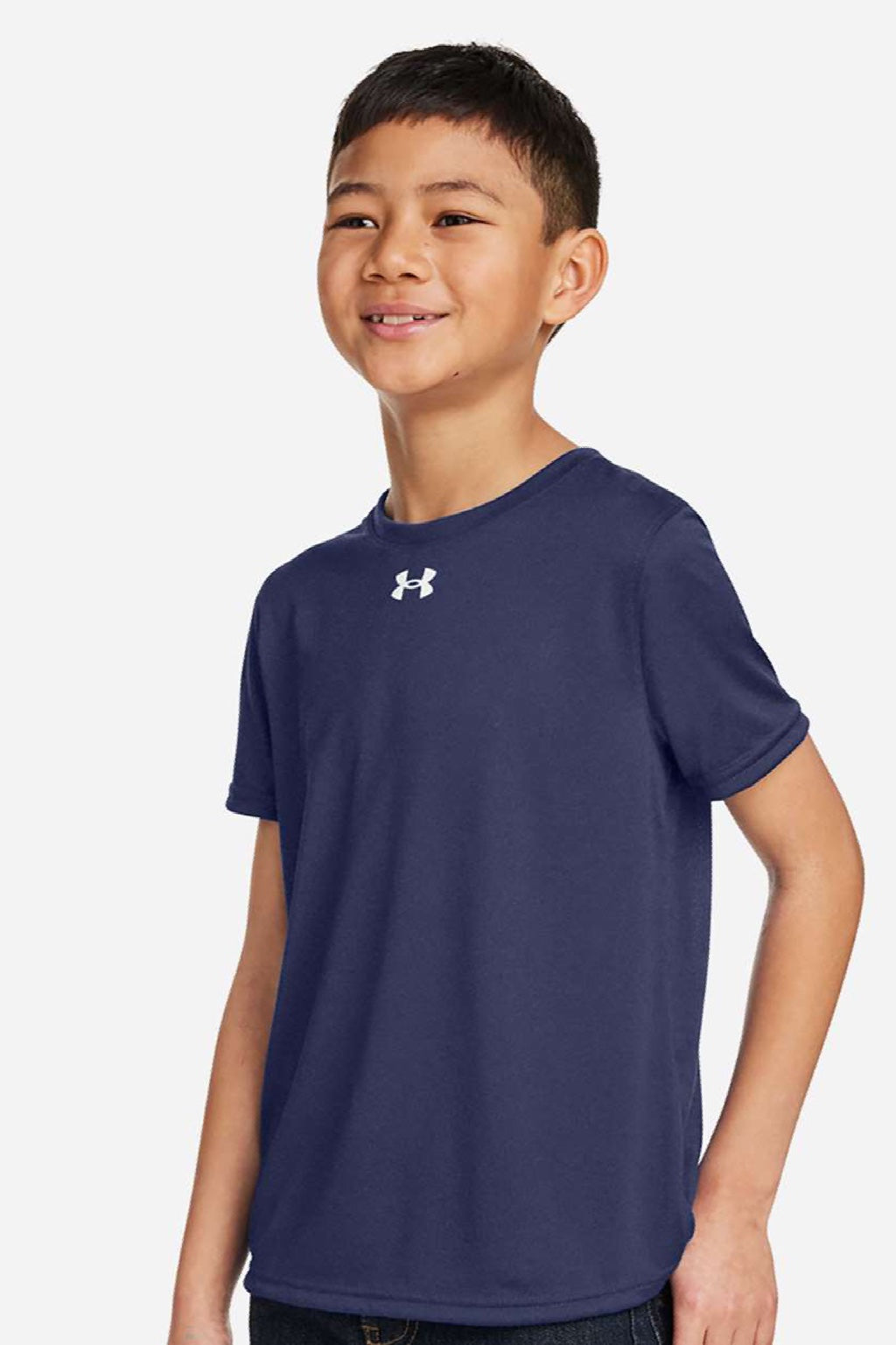 Under Armour 1377487 Youth Tech Team Short Sleeve Crewneck T-Shirt Midnight Navy Blue/White Model Side