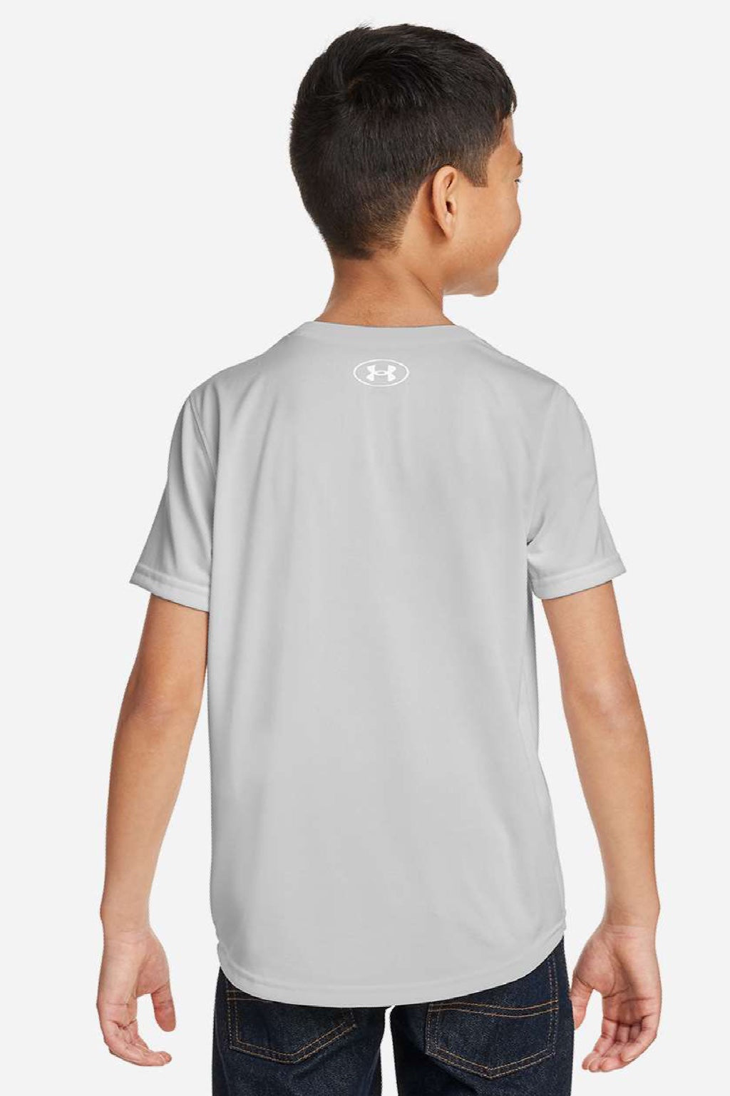 Under Armour 1377487 Youth Tech Team Short Sleeve Crewneck T-Shirt Heather Mod Light Grey/White Model Back