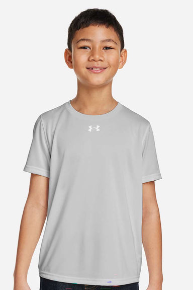 Under Armour 1377487 Youth Tech Team Short Sleeve Crewneck T-Shirt Heather Mod Light Grey/White Model Front