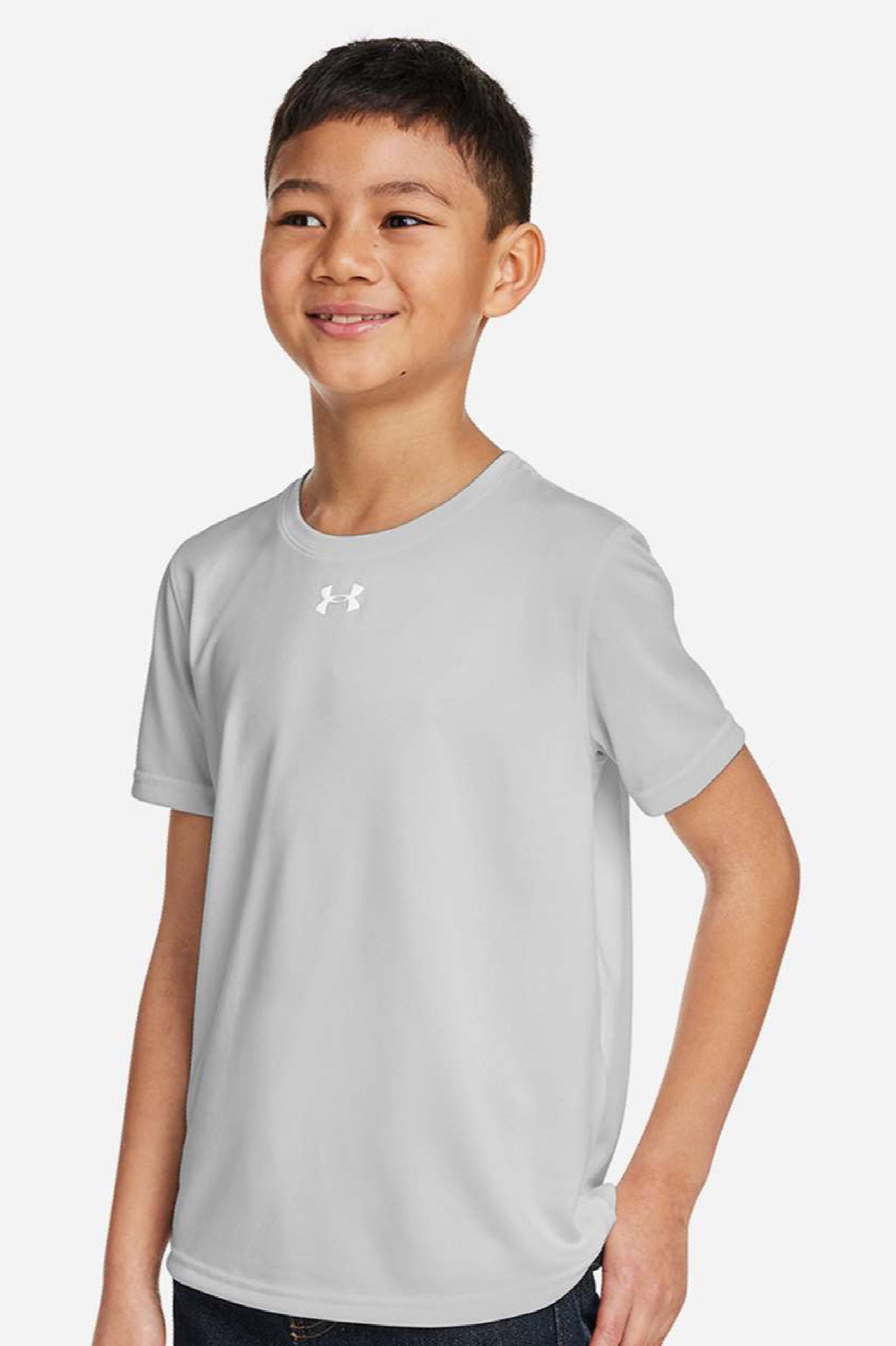 Under Armour 1377487 Youth Tech Team Short Sleeve Crewneck T-Shirt Heather Mod Light Grey/White Model Side