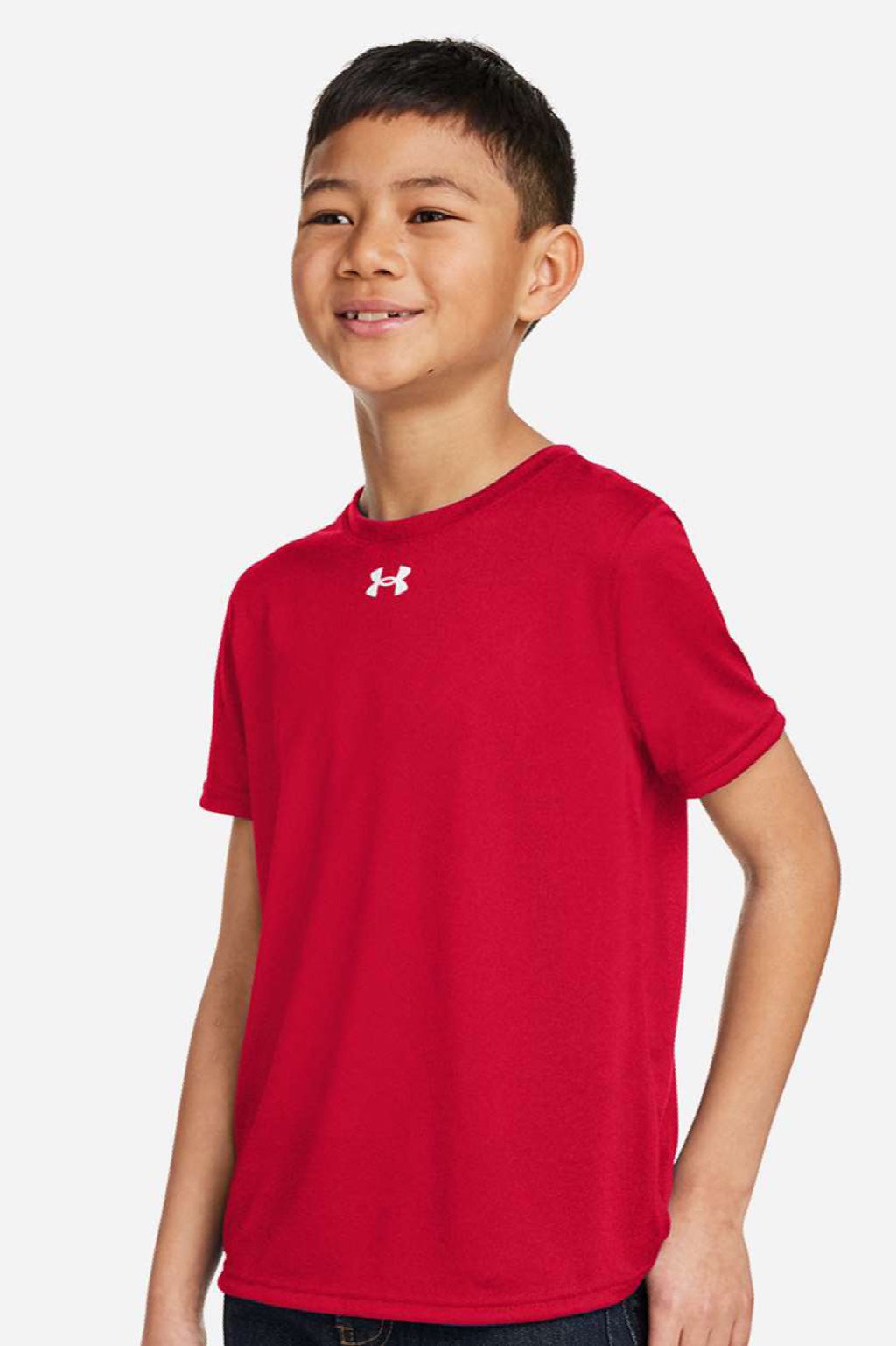 Under Armour 1377487 Youth Tech Team Short Sleeve Crewneck T-Shirt Red/White Model Side