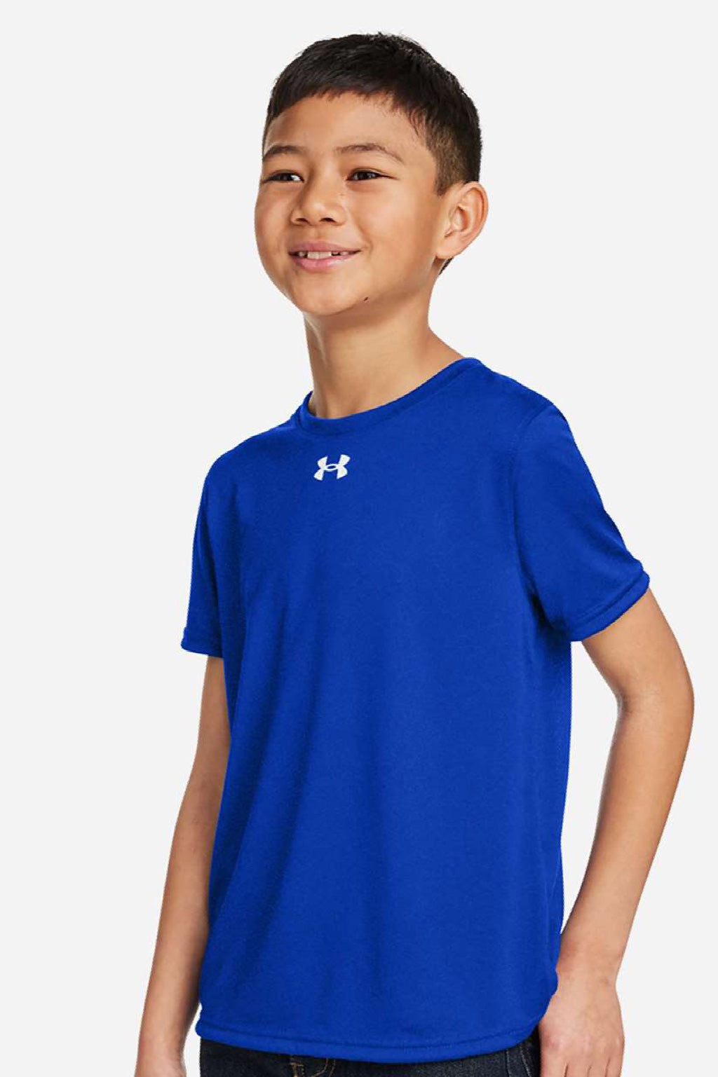 Under Armour 1377487 Youth Tech Team Short Sleeve Crewneck T-Shirt Royal Blue/White Model Side