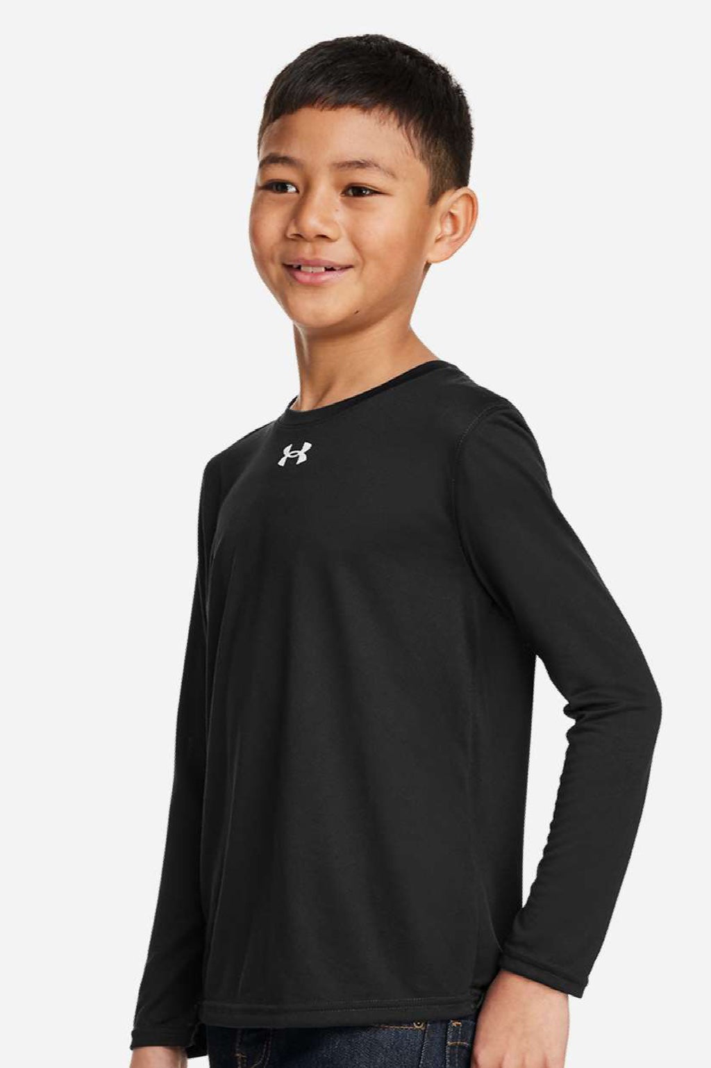 Under Armour 1377488 Youth Tech Team Long Sleeve Crewneck T-Shirt Black/White Model Side