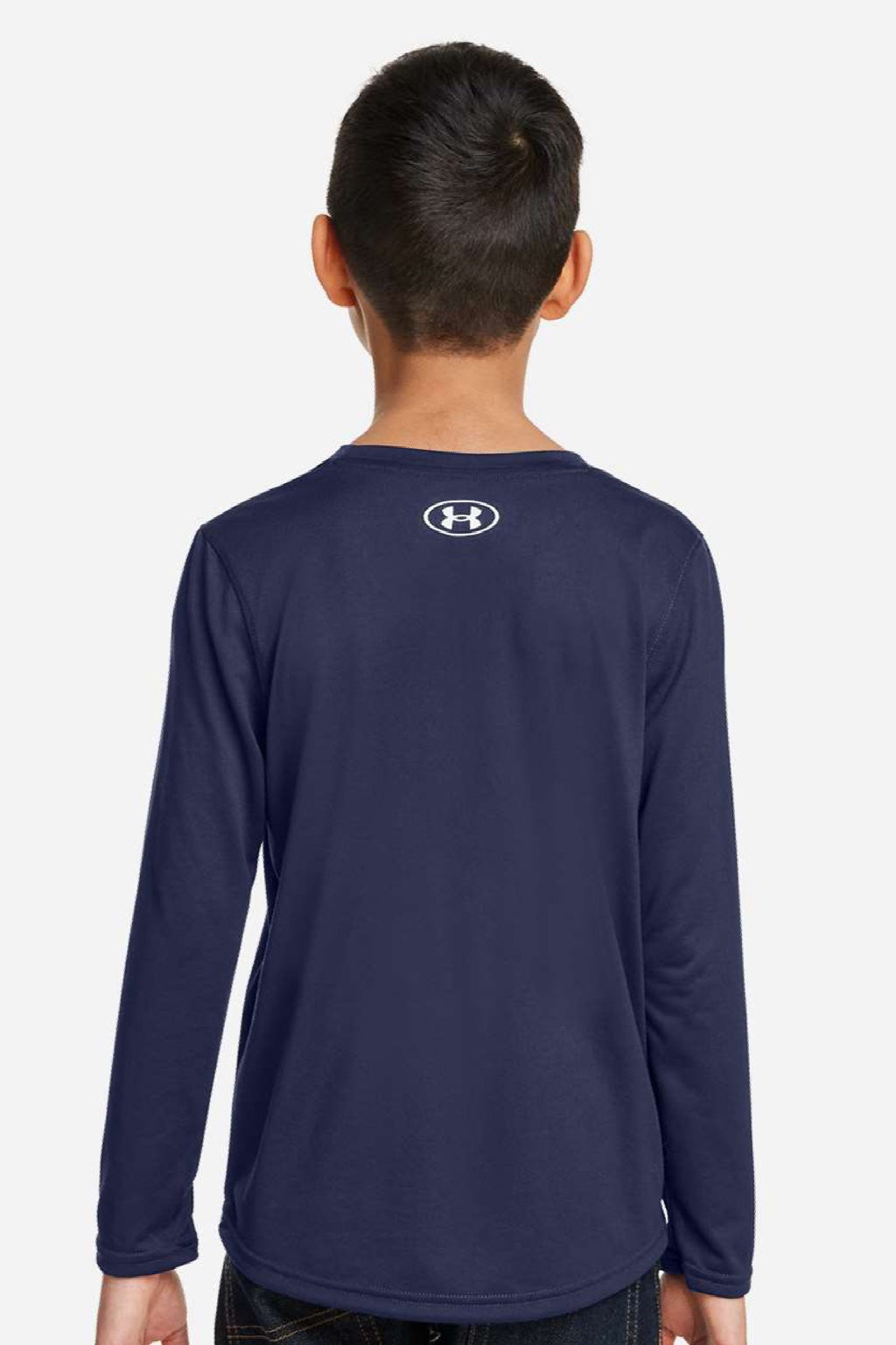 Under Armour 1377488 Youth Tech Team Long Sleeve Crewneck T-Shirt Midnight Navy Blue/White Model Back