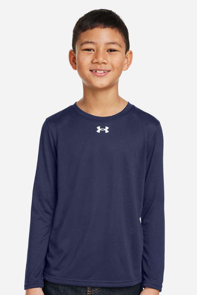 Under Armour 1377488 Youth Tech Team Long Sleeve Crewneck T-Shirt Midnight Navy Blue/White Model Front