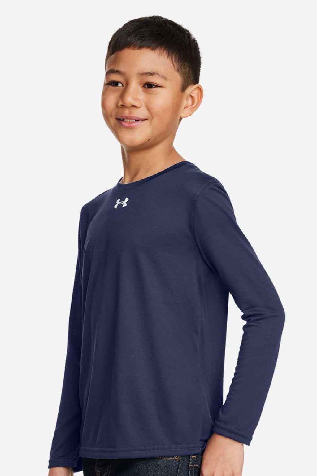 Under Armour 1377488 Youth Tech Team Long Sleeve Crewneck T-Shirt Midnight Navy Blue/White Model Side