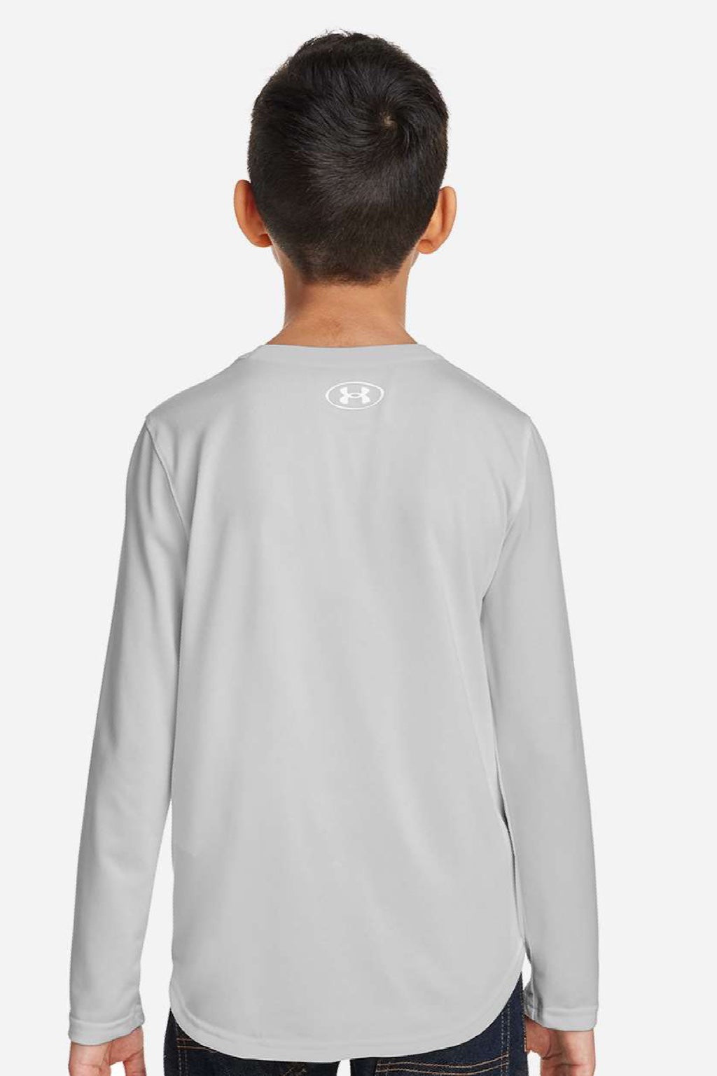 Under Armour 1377488 Youth Tech Team Long Sleeve Crewneck T-Shirt Heather Mod Light Grey/White Model Back