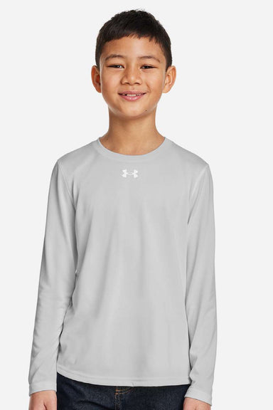Under Armour 1377488 Youth Tech Team Long Sleeve Crewneck T-Shirt Heather Mod Light Grey/White Model Front