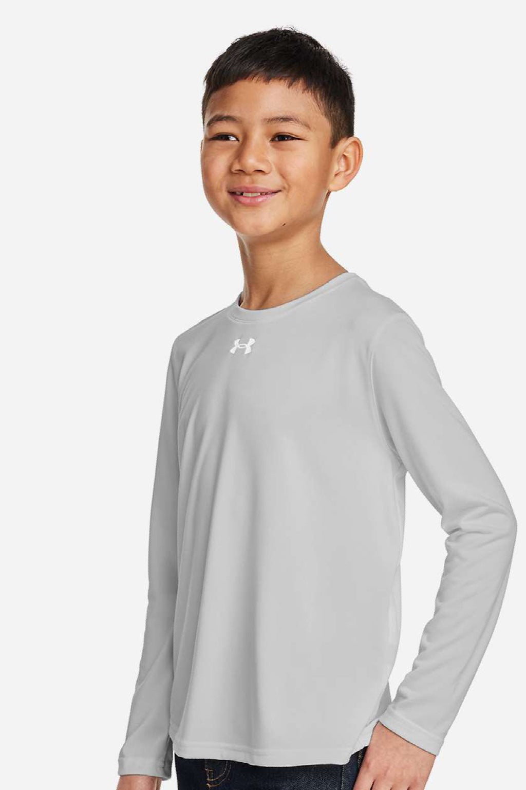 Under Armour 1377488 Youth Tech Team Long Sleeve Crewneck T-Shirt Heather Mod Light Grey/White Model Side