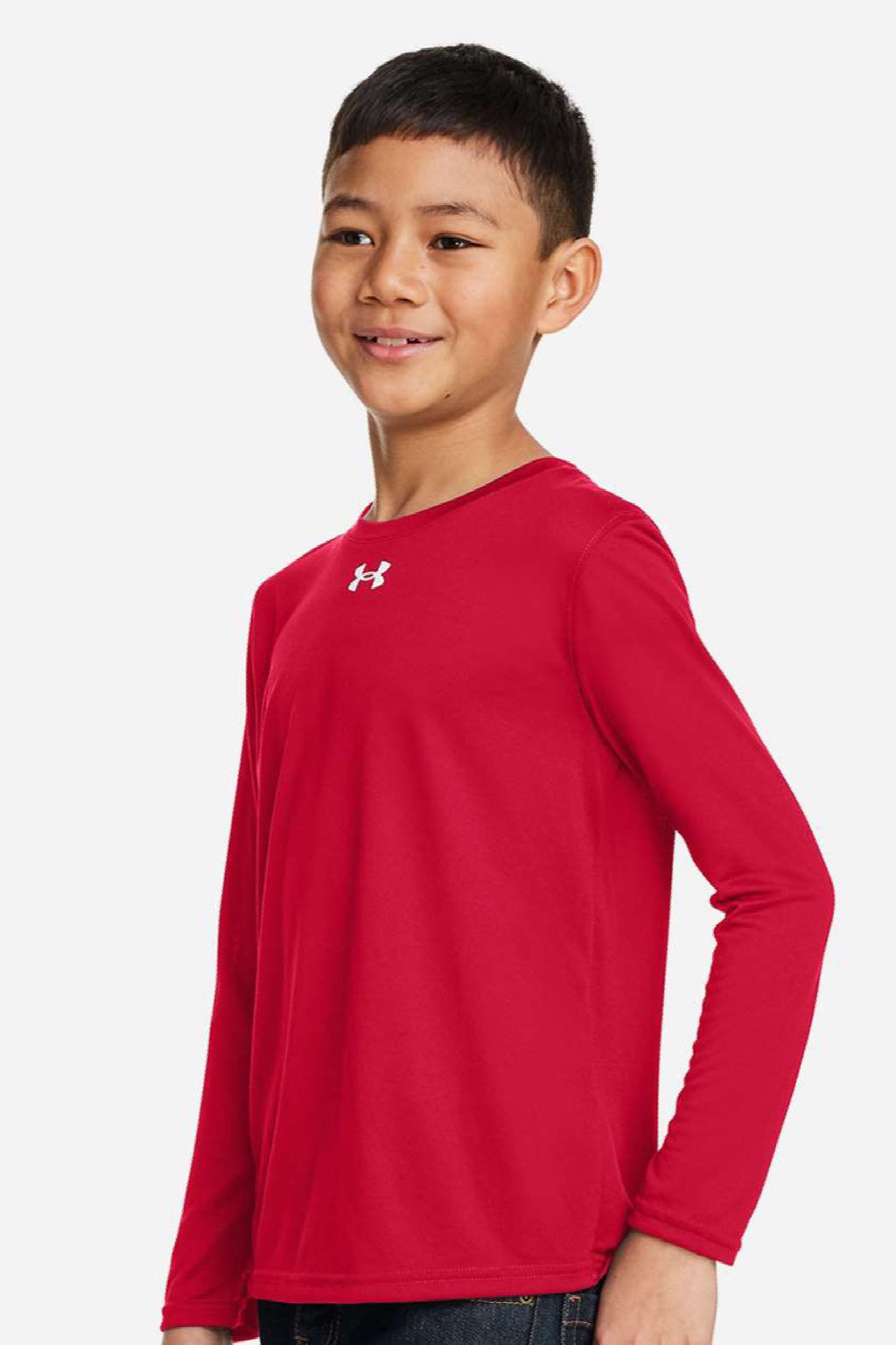 Under Armour 1377488 Youth Tech Team Long Sleeve Crewneck T-Shirt Red/White Model Side