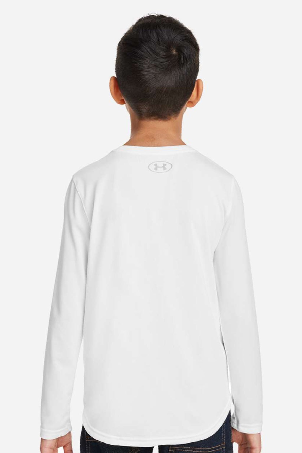 Under Armour 1377488 Youth Tech Team Long Sleeve Crewneck T-Shirt White/Mod Grey Model Back