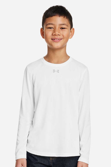 Under Armour 1377488 Youth Tech Team Long Sleeve Crewneck T-Shirt White/Mod Grey Model Front