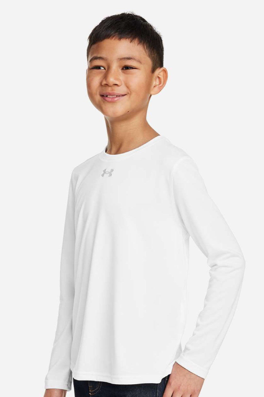 Under Armour 1377488 Youth Tech Team Long Sleeve Crewneck T-Shirt White/Mod Grey Model Side